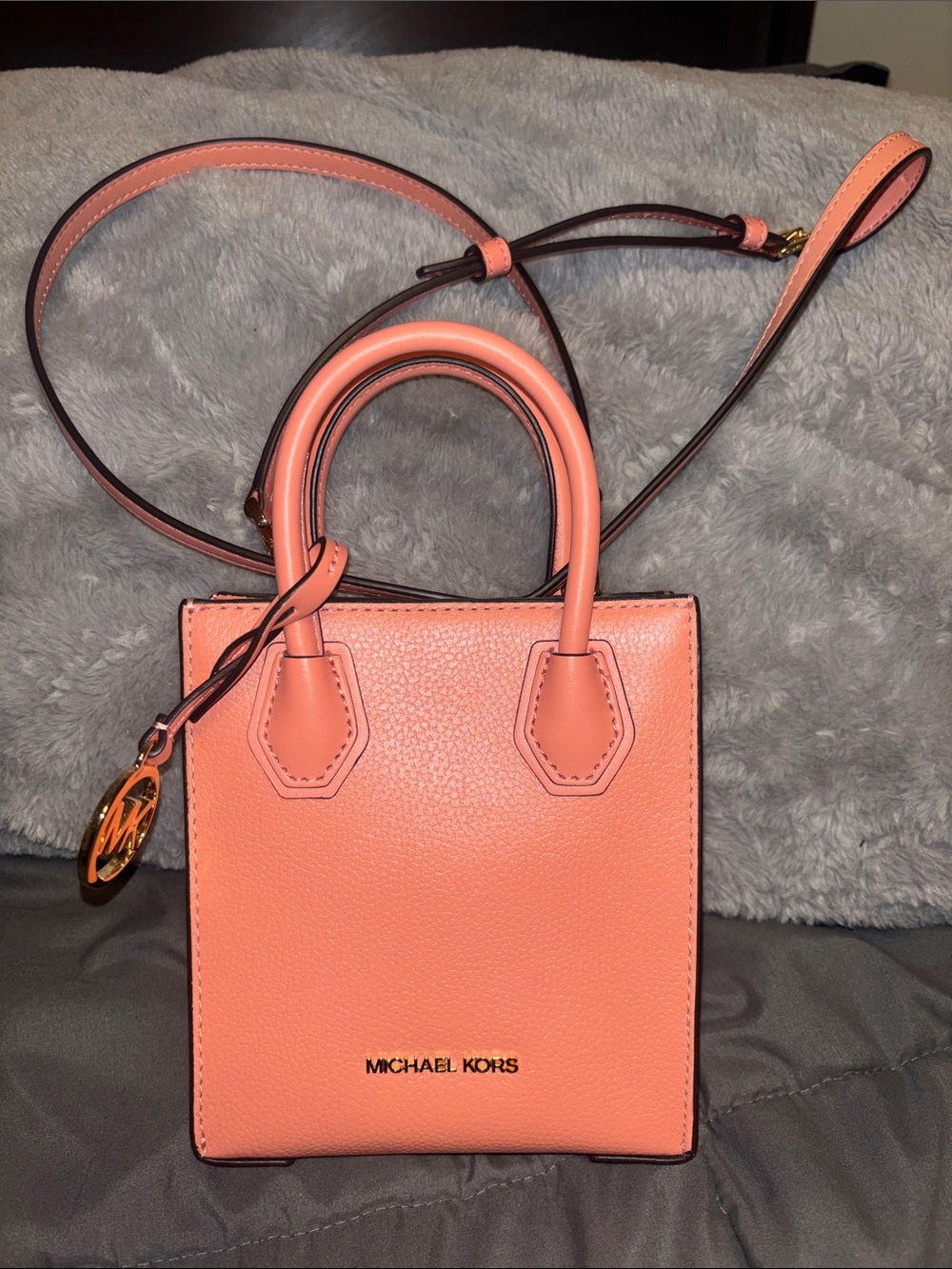 Michael Kors Coral Pink Mini Leather Tote with Gold Charm